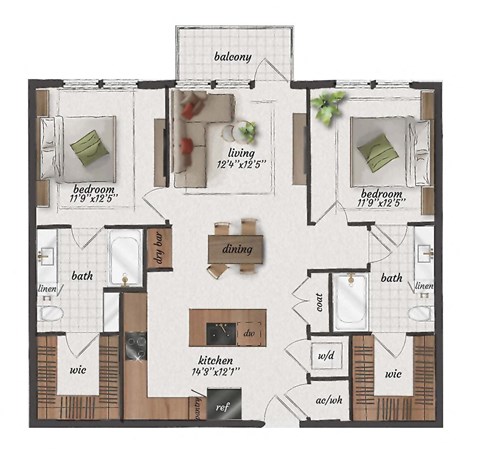 Floor plan for 2 beds, 2 baths, 1080 sqft